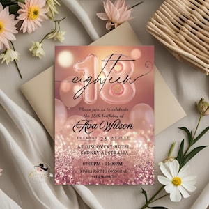 Faire-part numérique pour le 18e anniversaire, invitation à dîner pour le 18e anniversaire en or rose rose, modèle modifiable imprimable de carte d'invitation pour fille 18e débutante