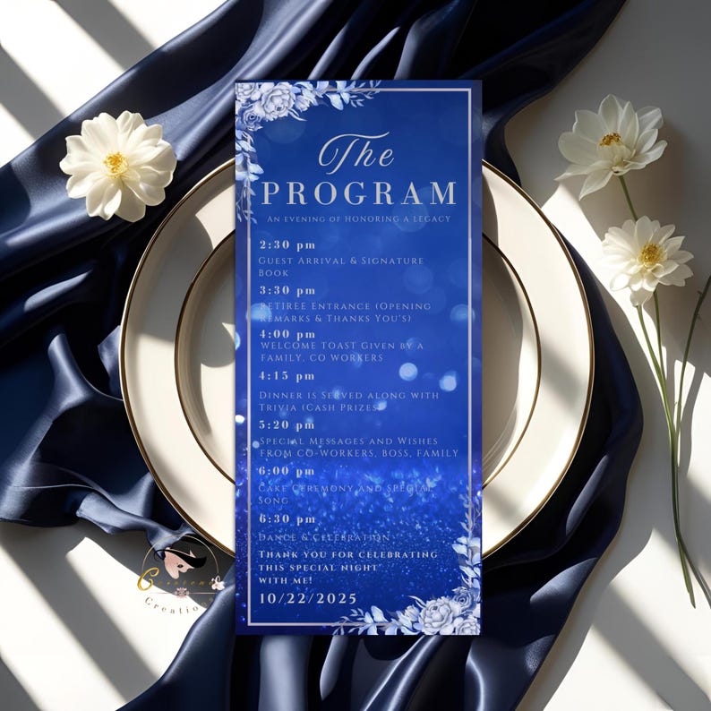 Retirement Program Template Blue Silver Program Card Printable Order of ...