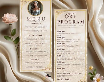 Weiß goldene Menü und Programm Vorlage mit Foto Ruhestand Party Menü Geburtstagsessen Programm Karte druckbar Hochzeitsjubiläum Menü Canva