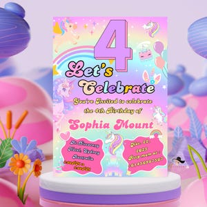 Invitation de poney licorne pour 4e anniversaire, faire-part de fête de 4e anniversaire arc-en-ciel magique, carte numérique imprimable pour petite-fille de quatre ans