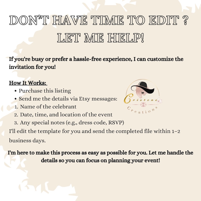 This listing photo shows the information you need to send me if you are unable to edit the product on your own. I’ll be happy to assist and make changes for you. Please refer to the listing photo instructions for more details