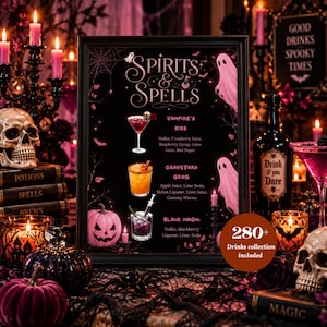 Halloween-Getränkeschild mit Geistermotiv, Cocktailkarte für „Ghouls Night Girls“, Schild für gruselige Partygetränke (Bar & Tisch), bearbeitbare Canva-Druckvorlage