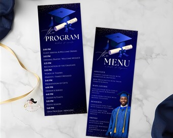 Senior Graduation Program Blue Graduation Menu and Program Card, Senior Grad Dinner Party Menu ...