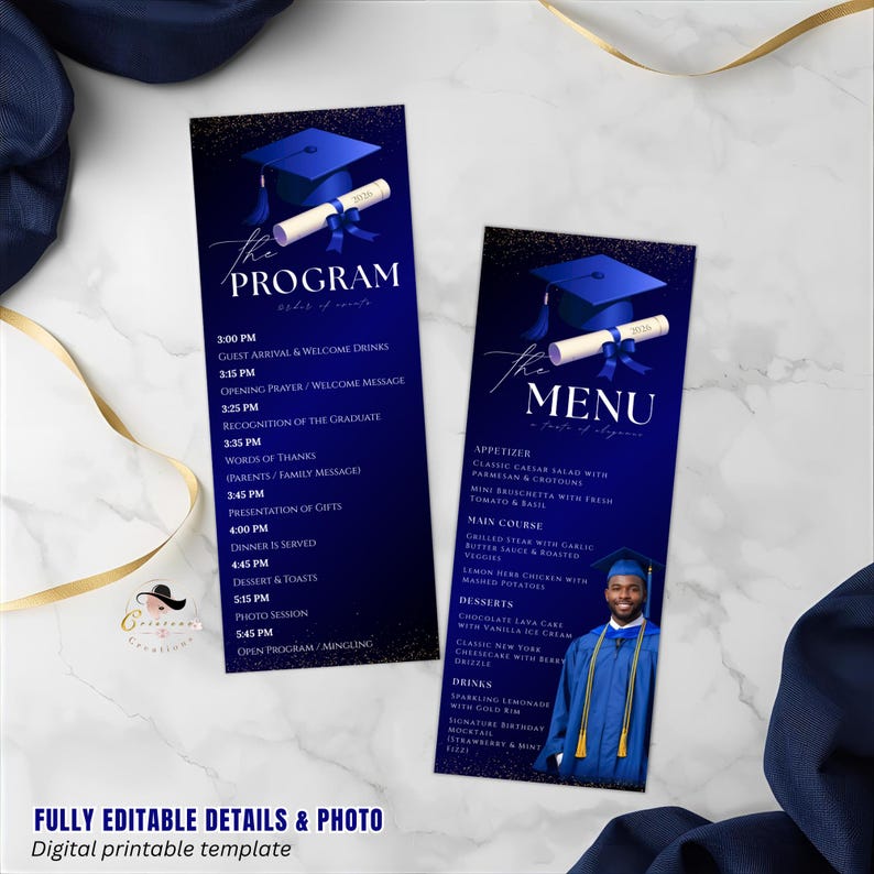 Blue Graduation Menu and Program Card, Senior Grad Dinner Party Menu ...