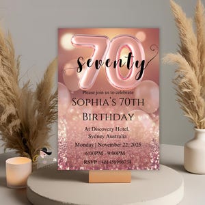 Digitale Einladung zum 70. Geburtstag Rose Gold Rosa Geburtstagskarte für 70 Jahre alte Frau 70
