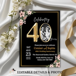 40. Hochzeitstag Dinner Einladung, Digital Schwarz Gold 40. Hochzeitsjubiläum Nachmittagstee Party Einladen, 40 Jahre verheiratet, printable Karte