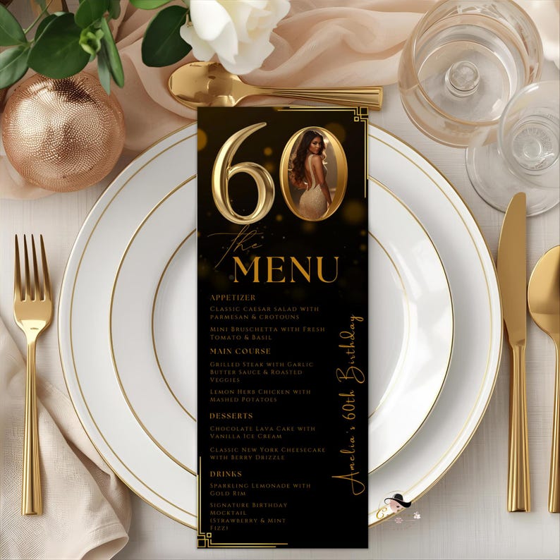 Editable 60th Birthday Party Menu Card, Black Gold Anniversary Menu ...