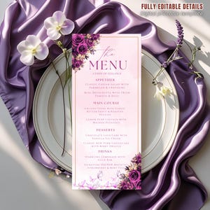 May include: A menu card with a floral design, featuring the text "The MENU" and a list of dishes. The card is decorated with purple roses and butterflies, set against a backdrop of purple satin and a white plate.