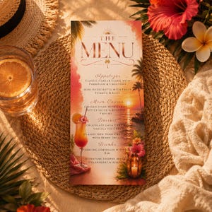 May include: A vertical rectangular menu card featuring a tropical sunset background with palm trees and ocean waves. The text reads THE MENU, followed by sections for Appetizer, Main Course, Dessert, and Drinks, with illustrations of a cocktail and lantern.
