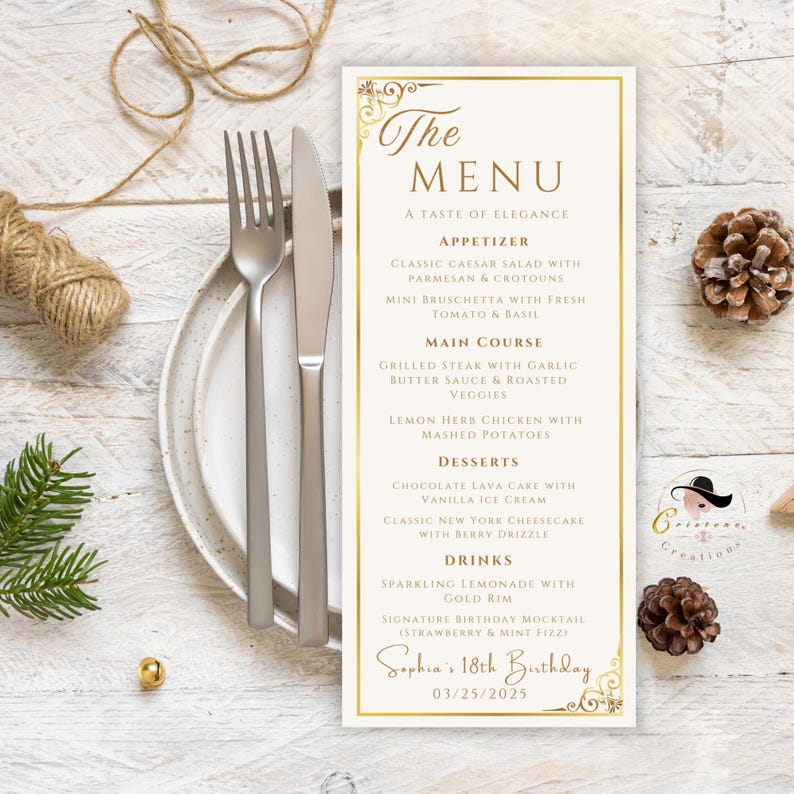 This elegant white gold menu and program template is perfect for birthday party, wedding, dinner party, graduation party, formal event program and special celebrations. Fully editable in Canva, you can personalize the details to match your event. Instantly download and customize with lifetime access to the PDF link after purchase. This is digital and printable template. Ideal for both digital sharing and easy printing at home