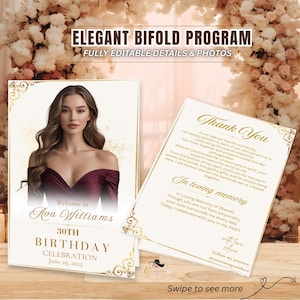 Birthday Program Template White gold Bifold Program card Printable Formal Event programme, Elegant Family reunion program party with photo