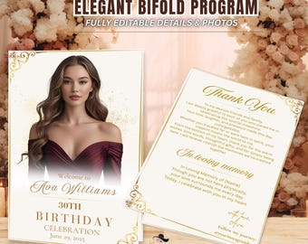 White gold Birthday Program Card Template, Bifold Retirement Party Program with photo, Elegant Order of Events, Printable Timeline Schedule