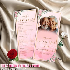 Editable Anniversary Program Template Pink Golden 50th Wedding Anniversary Program card Printable Vow Renewal Program party Floral Design