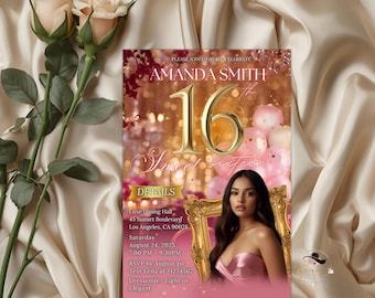 Pink Sweet 16 Sixteen Birthday Invitation, 16th Birthday Party with photo Invite, Teen Girl Invite, Digital Printable Template