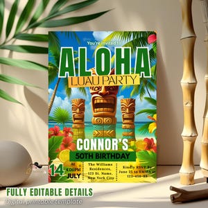 Invitation d'anniversaire numérique Luau pour lui Invitation à une fête d'Aloha Luau Carte d'anniversaire été tropicale Fête de retraite hawaïenne Modèle imprimable