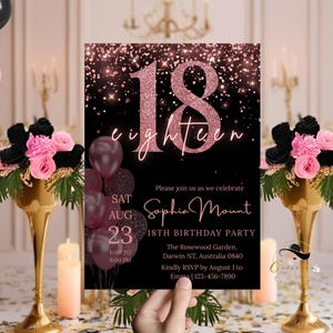 18. Geburtstagseinladungen Digital, Rosa 18. Geburtstagsparty, Schwarze druckbare Karte für 18 Jahre altes Mädchen, Achtzehnter Geburtstag einladen