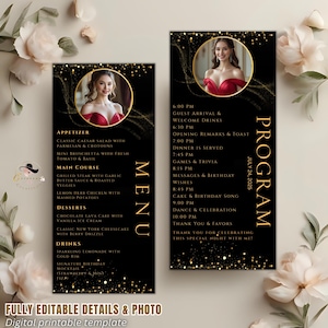 Editable Menu and Program Template Black Gold with photo Birthday Party Menu Dinner cards Printable Event Program Retirement Menu Design