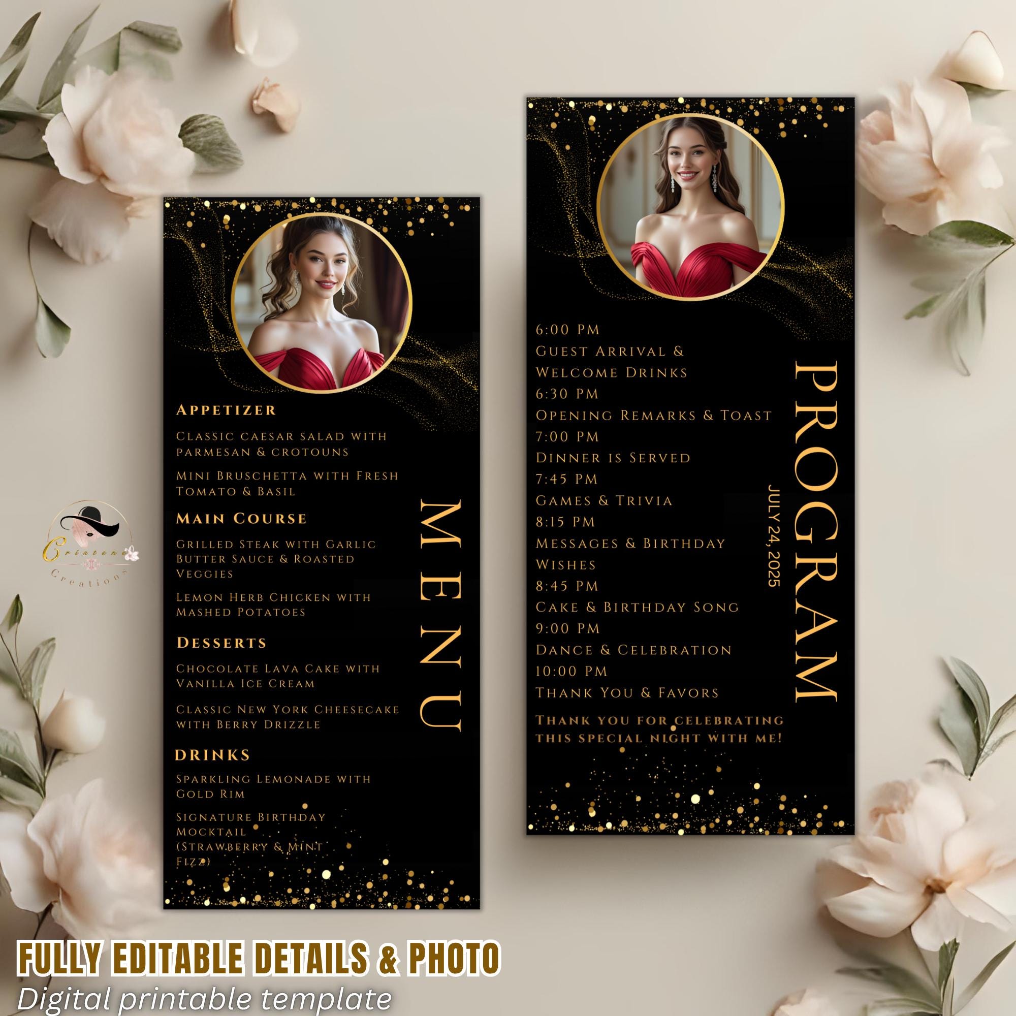 Black Gold Menu and Program Template With Photo, Event Menu Card ...