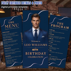 Verjaardagsmenu en programmasjabloon mannen, marineblauw Afdrukbaar menukaart Dinermenu Vrijgezellenfeestmenu Jongen whiskymenu, evenementenprogramma
