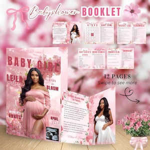 May include: A pink baby shower booklet with the text "Babyshower BOOKLET" and "Baby Girl". The booklet includes pages for games and a message from the parents. The cover features a pregnant woman in a pink dress.