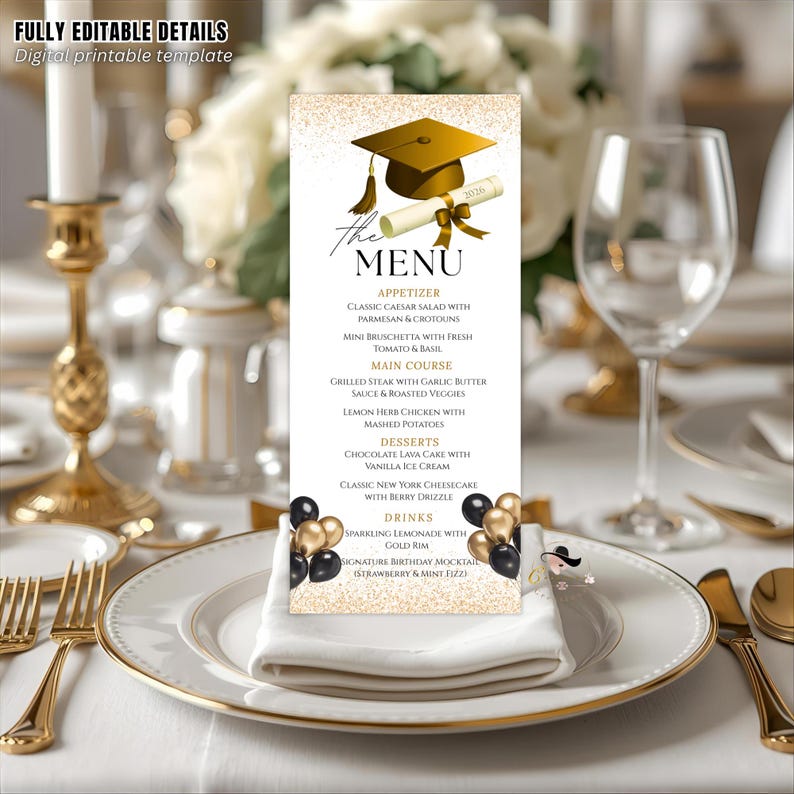 Graduation Party Menu, White Gold Senior Grad Dinner Menu, Commencement ...