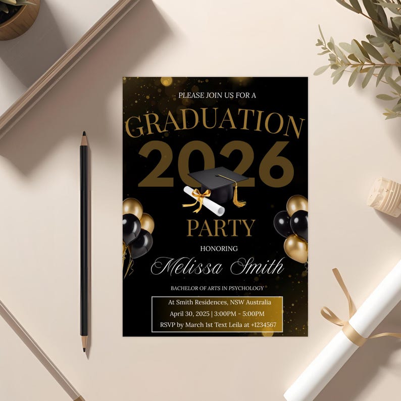 Black and Gold Graduation Party Invitation, Class of 2026 (digital ...