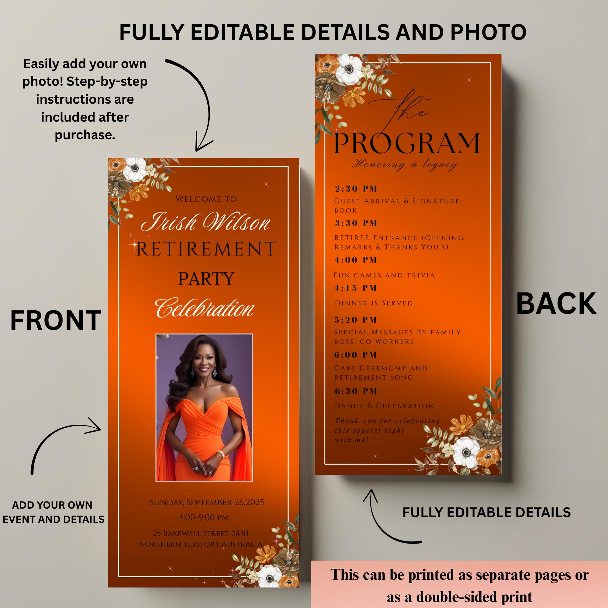 Retirement Program Template With Photo, Orange Floral Event Program ...