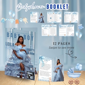 Puede incluir: Un folleto de baby shower en azul y blanco. La portada muestra "Baby Boy" y "Leila Wilson". En el interior hay páginas de actividades, incluyendo una búsqueda de palabras y una lista de deseos. El folleto tiene 12 páginas.
