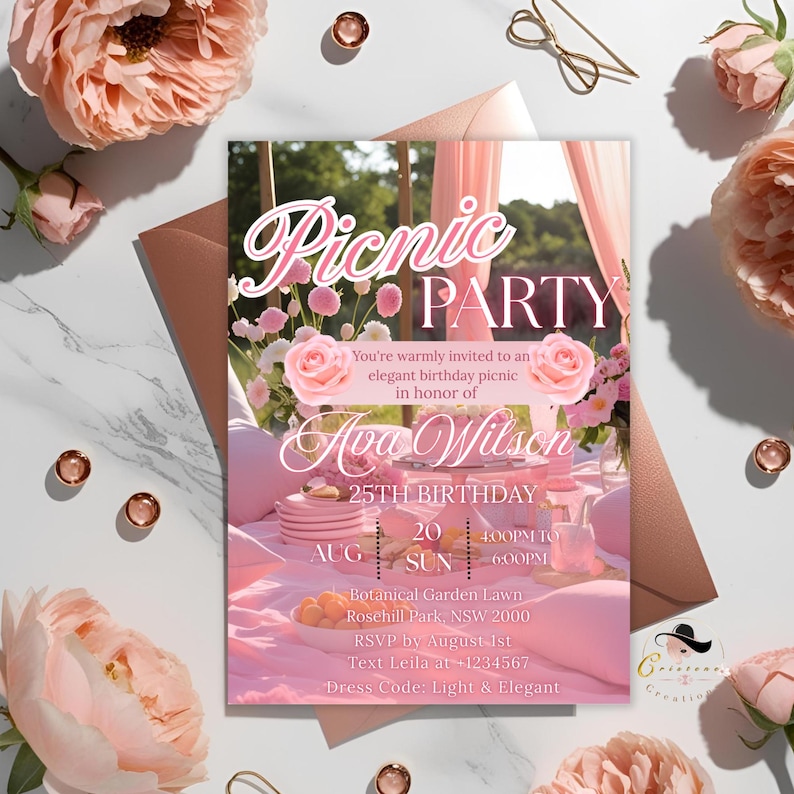 Pink Picnic party Birthday invitation card is ideal for your girl daughter that is turning 25 year old or any age. This editable birthday picnic invite makes your event extra special. Easy to customized using your canva account. Personalized it in your own with a lifetime access to the PDF link after purchase. This picnic party family reunion invitation is digital for social media platform sharing and printable for easy printing at home. Perfect for summer picnic party celebration