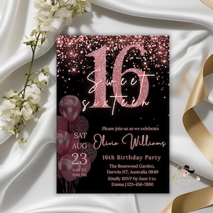 Sweet 16 Einladung Digitale Vorlage für Mädchen, 16. Geburtstag Party einladen, Rosa Schwarz Sweet 16 druckbare Karte für 16 Jahre alte Tochter