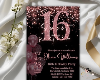 Pink & Black Sweet 16 Invitation, Glitter Sparkle (Digital Template)