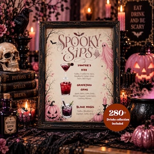 Halloween-Cocktailschild mit Geistermotiv, Getränkekarte für die Gruselparty, Barschild für einen schaurigen Mädelsabend, bearbeitbare Canva-Druckvorlage