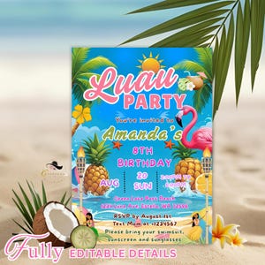 Invitación de cumpleaños de Luau para niña, fiesta de Luau hawaiana, invitación de fiesta de cumpleaños tropical Aloha, invitación de verano para niños, tarjeta de cumpleaños de playa imprimible