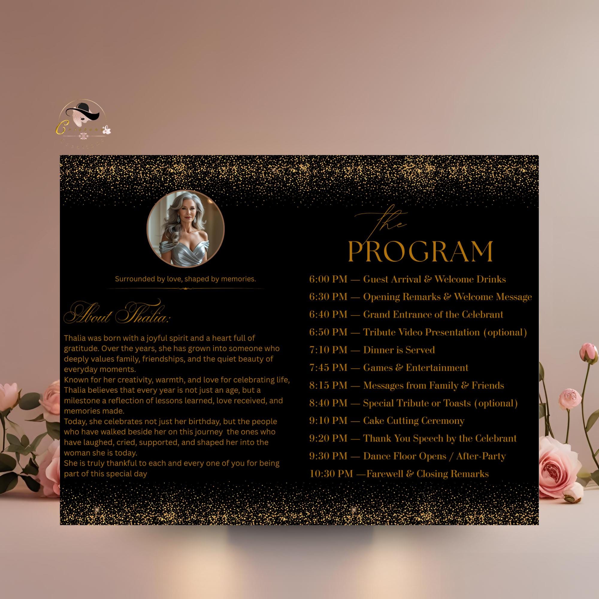 Editable Program Template Black Gold Bifold Birthday Program Card With ...