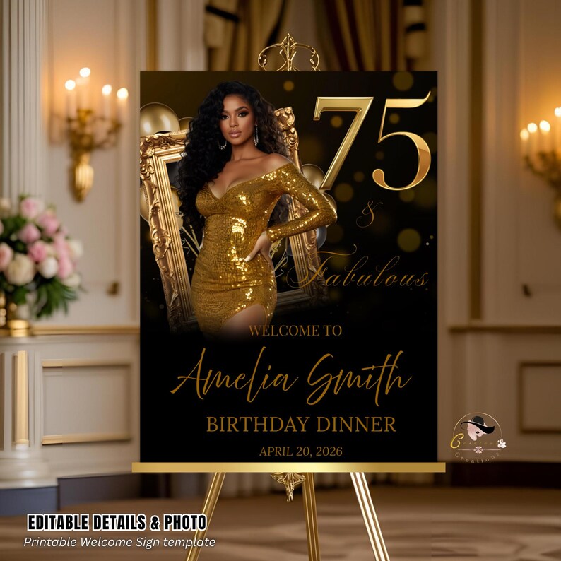 Black Gold 75th Birthday Welcome Party Sign, Dinner Entry Poster Sign ...