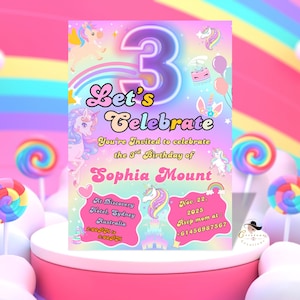Regenbogen Einladungskarte zum 3.Geburtstag, digitales Einhorn 3.Geburtstagsparty, bedruckbare Einladung für 3-jähriges Mädchen, bunter dritter Geburtstag