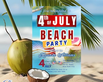 May include: A 4th of July beach party invitation template featuring text that reads You're invited to 4th of July Beach Party Hosted By Amanda Williams at 4:00PM 4 July The Williams Residences 123 St. Name New York City Kindly RSVP by June 25.
