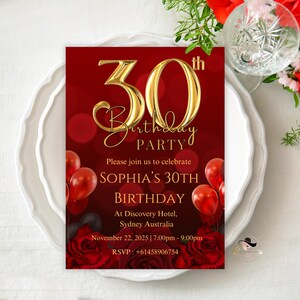 30.Geburtstags-Digital-Einladung, druckbare 30.Geburtstags-Einladung für Sie, Dreißig Geburtstagsfeierkarten, Rotgold-Thema für 30-jährige Frauen