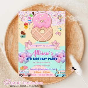 Invitation modifiable pour le 8e anniversaire Invitation de fête d'anniversaire de crème glacée pastel, fille de 8 ans, douce et impertinente et huit ans, carte imprimable numérique