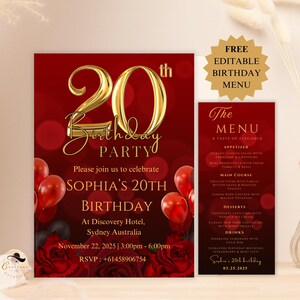 Tarjeta de invitación para 20 cumpleaños, digital, para niña de 20 años, imprimible, temática de rojo y dorado.