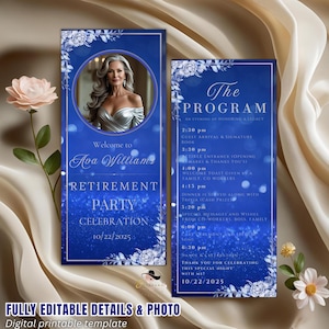 Retirement Program Template Blue Silver Program card Printable Order of events Birthday party program Event schedule Program Floral Design