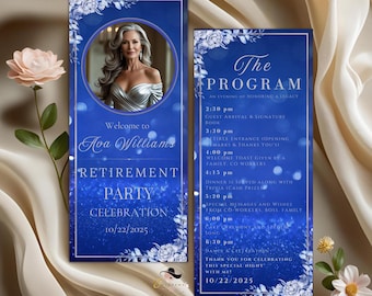 Retirement Program Template Blue Silver Program card Printable Order of events Birthday party program Event schedule Program Floral Design