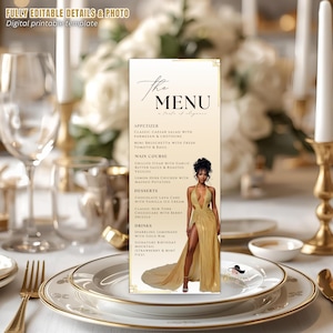 Peut inclure: Un modèle de menu numérique imprimable avec un schéma de couleurs or et crème. Le menu présente une femme en robe dorée et comprend des plats tels que salade César, steak grillé et gâteau au chocolat. Le texte en haut dit "The Menu".