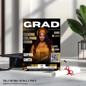 May include: A graduation announcement with a photo of a woman in a gold gown and cap. The announcement includes the name "Sophia Smith", the date, time, and location of the event, and the text "Grad, Class of 2026, Gifts Welcome."