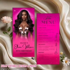 Może przedstawiać: Cyfrowy szablon do druku na 30. urodziny. Projekt przedstawia kobietę w metalicznej sukience na różowym tle, ze szczegółami menu i tekstem "Olivia Wilson 30th Birthday".