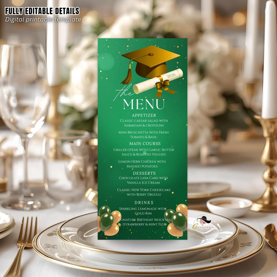 Green Gold Graduation Dinner Menu, Senior Grad Party Menu, Commencement ...