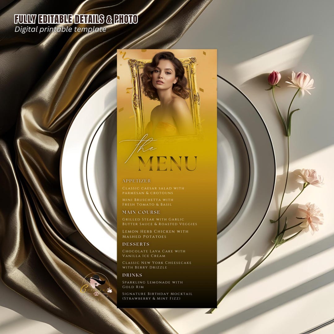 Retirement Menu. Example Editable Birthday Party Menu Template Black Gold Dinner Menu With Photo ...