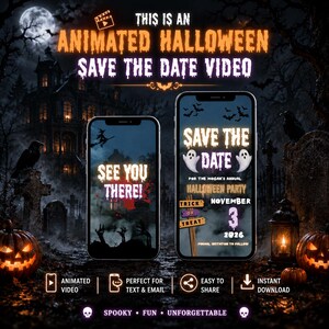 Peut inclure: Deux smartphones affichent une vidéo animée d'invitation pour Halloween. Les écrans présentent du texte incluant "Save the Date", "See You There", "The Mogan's Annual Halloween Party", "November 3, 2026" et "Trick or Treat" sur un fond de cimetière sombre.