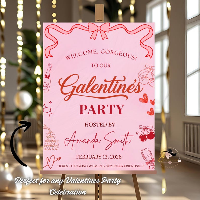 Pink Galentines party welcome sign is perfect for celebrating your Galentines gathering, girls’ night, ladies’ brunch, or Valentine’s event. This editable design with elegant florals adds a warm, festive, and stylish touch to your celebration. This Galentines welcome sign is digital and printable, perfect for sharing on social media or printing at home to welcome your guests in style.