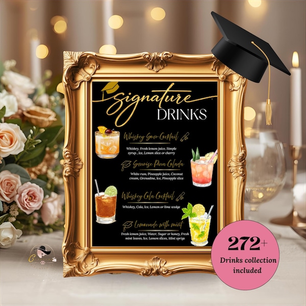 Graduation Signature Drink Sign, Grad Drink Menu Template, Class of 2026 Bar Menu, Black Gold Printable Party Sign